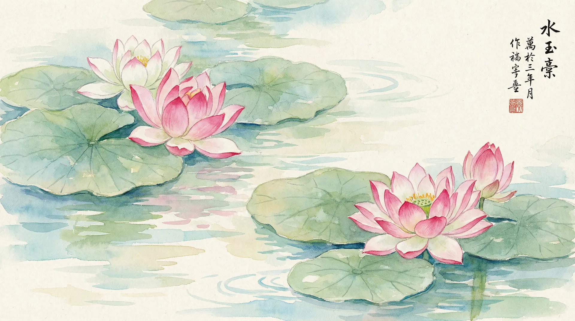 夏日荷花水彩画 - 小宝探花